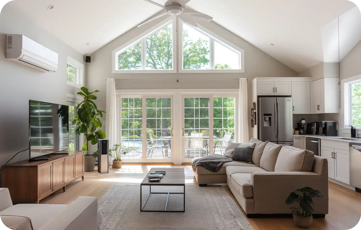 Bright, modern living room with a high ceiling, large windows, and sliding glass doors leading outside, featuring a neutral-colored sofa, indoor plants, and an open kitchen with stainless steel appliances.